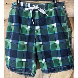 GAP Men's Board Surf Swim Trunks Size Medium Green Blue Plaid Beach Shorts